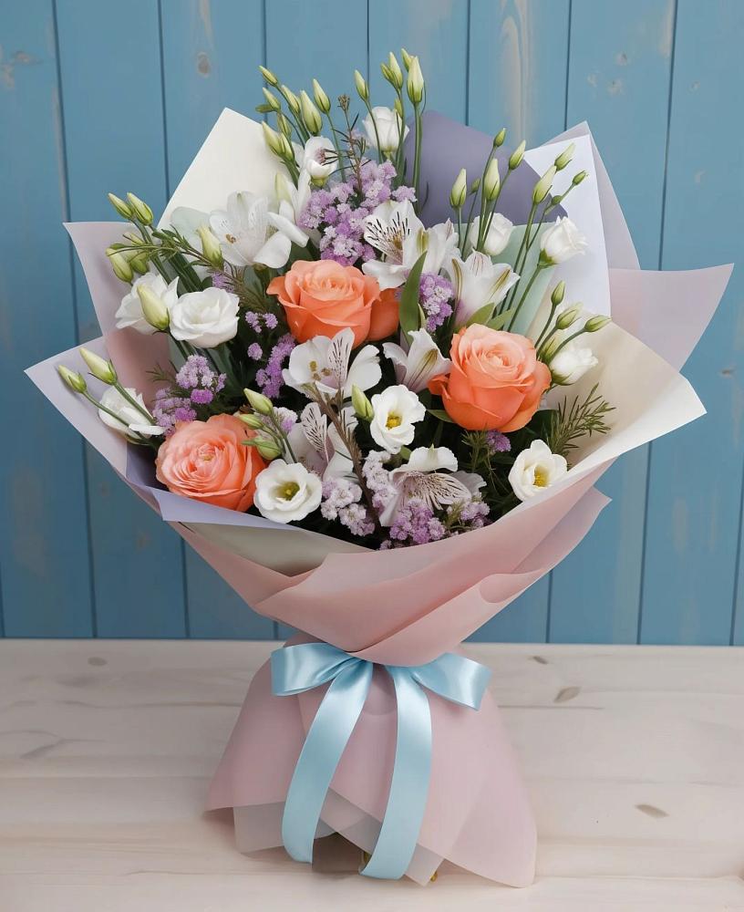 Букет цветов из: Лизиантусы, Розы, Альстромерии и Гипсофила в Благовещенске Республики Башкортостан